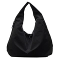 Minimalist black large capacity hobo tote bag with side zipper pocket and shoulder strap - Black