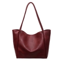 Minimalist dark red PU leather tote bag with large capacity and slim shoulder straps - Burgundy