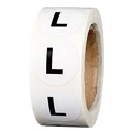 Roll of white circular size stickers with black letter L for clothing labeling - L Size (P104) / 500 Stickers/Roll