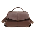 Dark brown pebble leather handbag for women featuring white contrast stitching and gold hardware - Brown