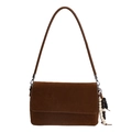 Dark brown faux suede shoulder bag with minimalist rectangular flap and beaded tassel - With Pendant / Brown