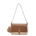 Braune und beige gesteppte Umhängetasche mit Plüschbären-Anhänger auf weißem Grund - Tasche mit Anhänger / Khaki
