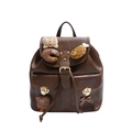 Retro dark brown PU leather backpack with two front pockets and plush cartoon charms - Brown