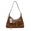 Borsa hobo marrone scuro in pelle cerata con cerniere dorate e ciondolo elegante - Marrone