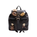 Retro dark brown leopard print backpack with multiple pockets and cute plush charms - Black