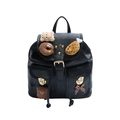 Fashionable black PU leather backpack with cute plush charms and plaid bow decoration - Brown