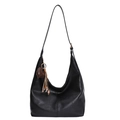 Black matte PU leather hobo shoulder bag with brown heart charm and tassel accessory - With Pendant / Black