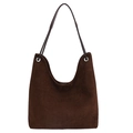 Dark brown suede bucket tote bag with vertical stitching and silver eyelet details - Brown