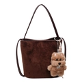 Brown suede bucket bag with long shoulder strap and a cute teddy bear plush charm - With Charm / Coffee