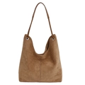 Retro dark brown suede bucket bag with leather strap and large capacity design - Khaki
