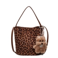Leopard print suede bucket bag with brown leather handles and plush dog charm - With Charm / Leopard Print