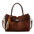 Borsa a mano retrò in camoscio marrone scuro con manici in pelle e ciondolo di perle - senza ciondolo / Marrone