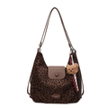 Borsa tote leopardata con patta in pelle marrone e ciondolo orsetto di peluche - Con Ciondolo / Marrone