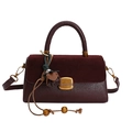 Retro burgundy and brown contrast crossbody bag with leather flower and wooden bead charm - With Pendant / Red