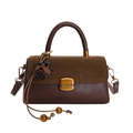 Retro contrast leather crossbody bag in dark brown with suede flap and gold lock - With Pendant / Brown