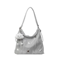 Silver metallic shoulder bag with butterfly accents and plush cloud charm accessory - With Pendant / Silver