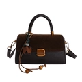 Vintage dark brown crossbody bag with suede flap, golden buckle and flower pendant - With Pendant / Brown