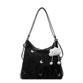 Large black shoulder bag with shiny crinkle texture and silver butterfly charms - With Pendant / Black