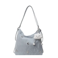 Grey-blue pleated shoulder bag with metallic butterfly accents and a white plush charm - With Pendant / Blue