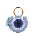 Handgefertigte Evil Eye Häkeltasche mit Bernstein-Harzgriff und blauen Quasten - Hellblau