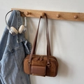 Bolso bowling retro de ante marrón oscuro con doble cremallera y bolsillo - Marrón Sin Colgante