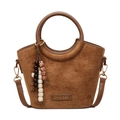 Bolso bombonera marrón de ante mate con asas redondas y dijes de cuentas de madera - Marrón
