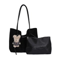 Black suede tote bag and leather pouch set with a small bear pendant accessory - With Pendant / Black