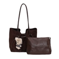 Dark brown faux suede tote bag set with matching zipper pouch and cute charm - With Pendant / Brown