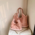 Roze suède-look handtas set met zachte pluche rand en strik voor herfst en winter - Groot / Roze