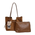 Brown faux suede tote bag set with a plush bear charm and matching zipper pouch - With Pendant / Brown