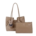 Minimalist brown suede tote bag and matching inner pouch with cute bear keychain set - With Pendant / Khaki