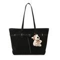 Retro black leopard print tote bag with long straps and a plush bear keychain - With Pendant / Black