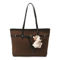 Deep brown leopard print tote bag with black leather straps and dog plush charm - With Pendant / Brown