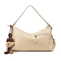 Cream tote bag for women featuring a cute plush bear charm and side zipper detail - With Pendant / White