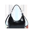 Bolso hobo vintage francés de cuero negro brillante con colgante de bola de metal plateado - Negro
