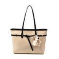 Cream leopard print tote bag with black straps and a cute plush puppy charm - With Pendant / Off-white