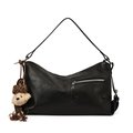 Retro black faux leather shoulder bag with zipper detail and leopard bear charm - With Pendant / Black