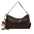 Deep brown soft leather tote bag with a zipper pocket and cute puppy plush charm - With Pendant / Brown