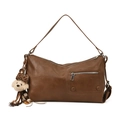 Minimalist brown faux leather shoulder bag with zipper pocket and cute bear charm - With Pendant / Brown