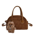 Borsa a mano marrone scamosciata con tracolla e ciondolo a forma di cane in peluche - Marrone