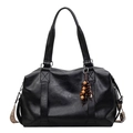 Black large capacity faux leather tote bag with wood bead tassel and woven strap - With Pendant / Black