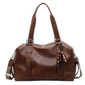 Brown vintage faux leather tote bag with colorful woven strap and beaded tassel - With Pendant / Brown