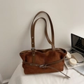Bolso tote vintage de ante marrón con asas dobles largas y hebillas de cuero - Sin Colgante / Marrón