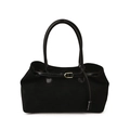 Large black suede tote bag with pleated leather strap and golden metal buckle detail - Small / Black