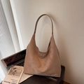 Brown faux suede hobo tote bag in minimalist design for women during autumn and winter - Shoulder Bag Set / Khaki
