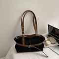 Bolso tote de ante negro con correas de cuero sintético marrón y hebilla de plata - Sin Colgante / Negro