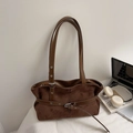 Bolso tote retro de ante marrón oscuro con correas de cuero y ojales metálicos - Sin Colgante / Marrón