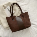 Vintage dark brown tote bag in a mix of matte and smooth faux leather with woven handle detail - Dark Brown