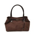Vintage brown suede tote bag with dark coffee leather handles and gold metal buckle detail - Small / Brown