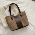 Vintage brown leather and suede tote bag with woven details and dual shoulder straps - Khaki